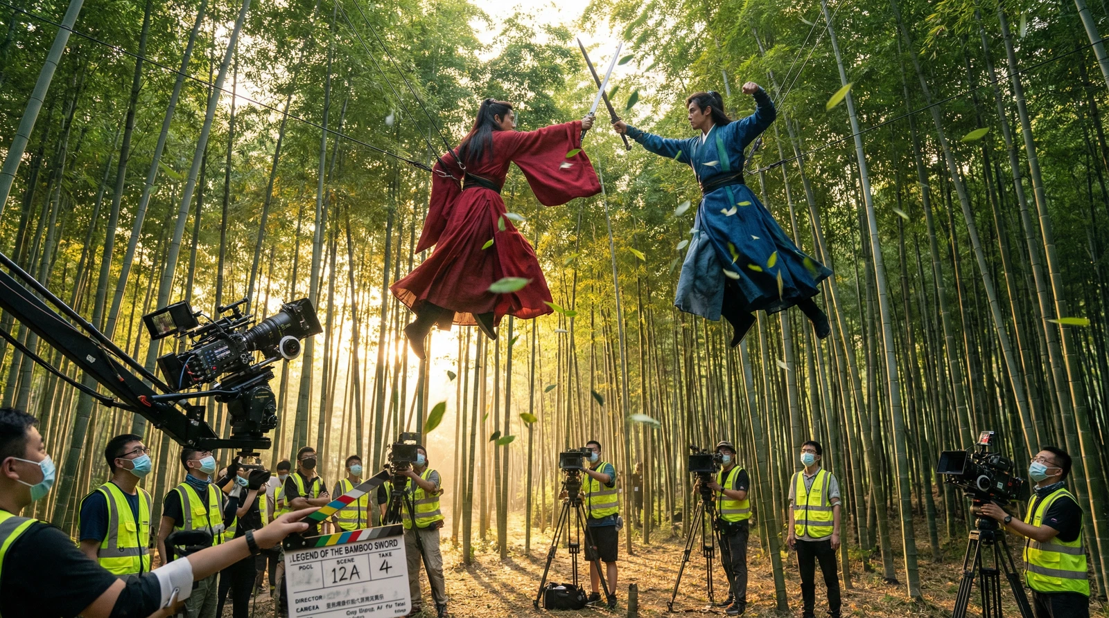 麻豆视频武侠动作片竹林对决拍摄现场